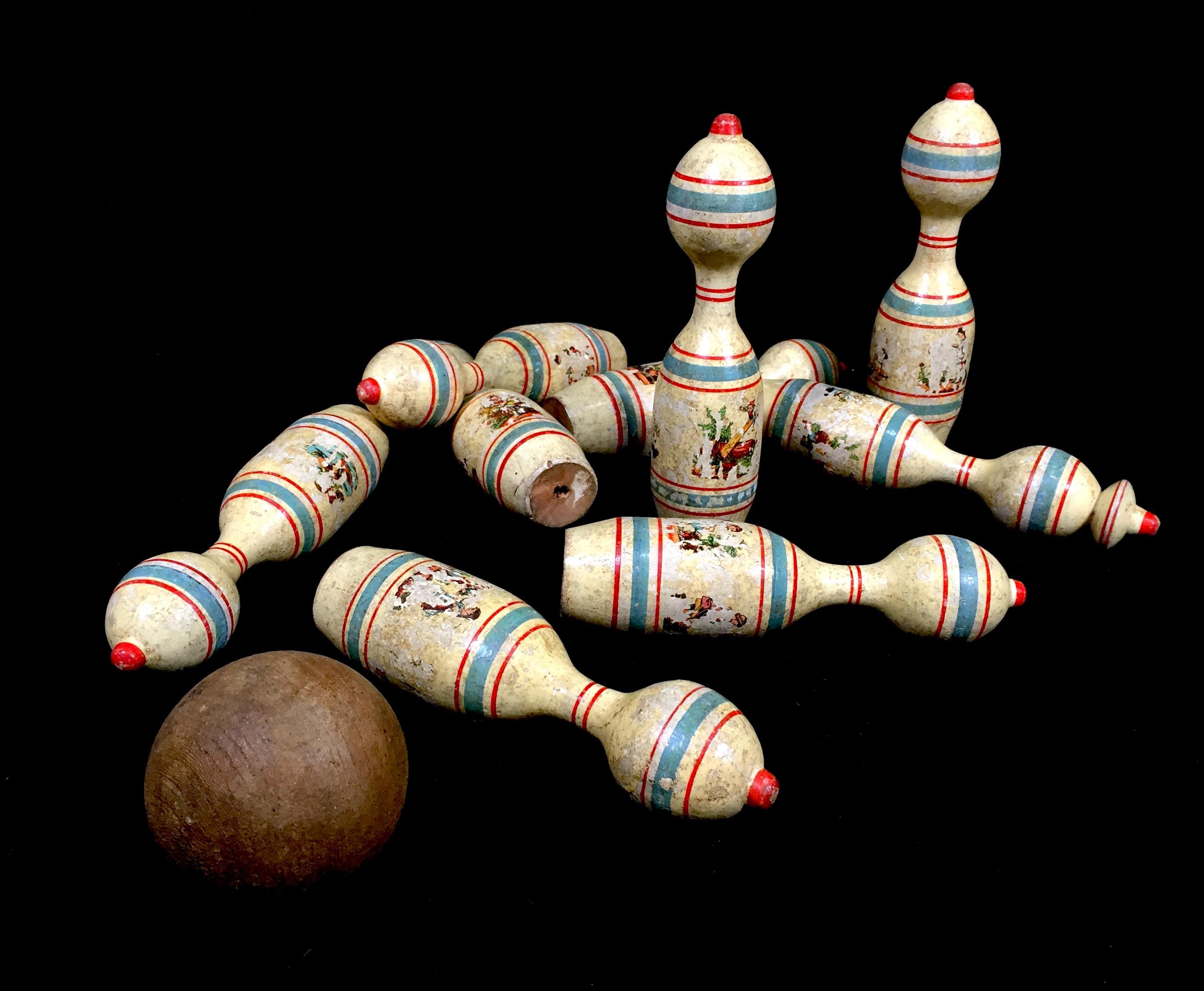 Antique Set of Early 20th Century Wooden Skittles & Ball Game