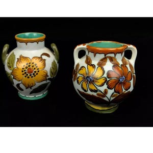Gouda Pottery Double Handled Jug Pair Cream / 1950&#39;s Dutch / Yellow / Orange