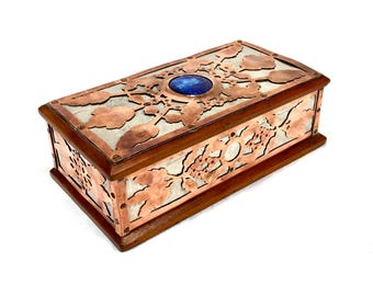 Antique Arts and Crafts Copper & Pewter Walnut Trinket Box Ruskin Cabochon Inlay