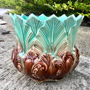 Antique New Leaf Green & Brown Pottery Majolica Planter Indoor Plant Pot 1900
