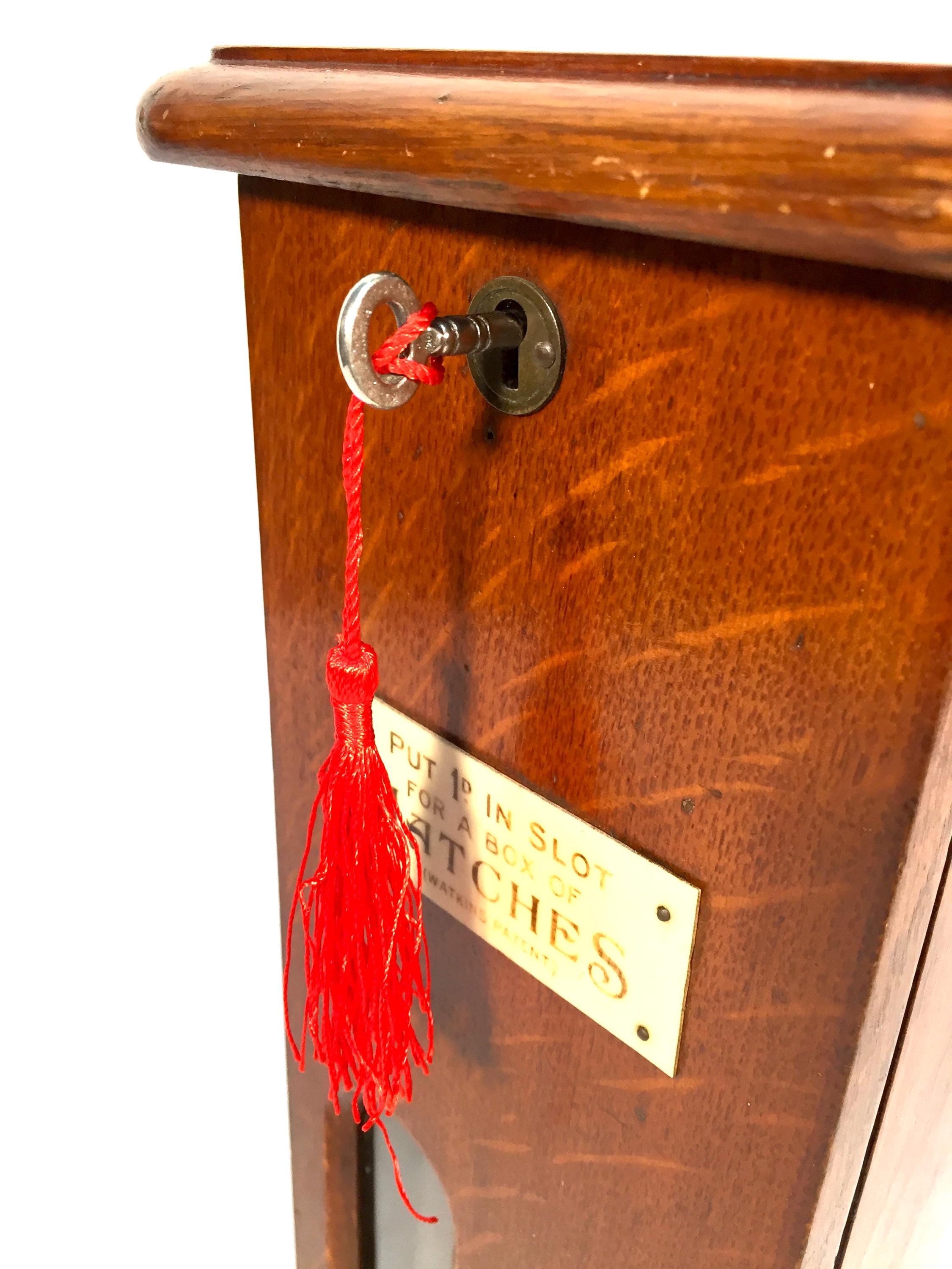 Antique Advertising Coin Operated Oak Matchbox Vending Machine