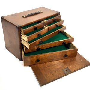 Antique Wooden Engineers Toolbox / Tool Box / Collectors Cabinet Moore & Wright