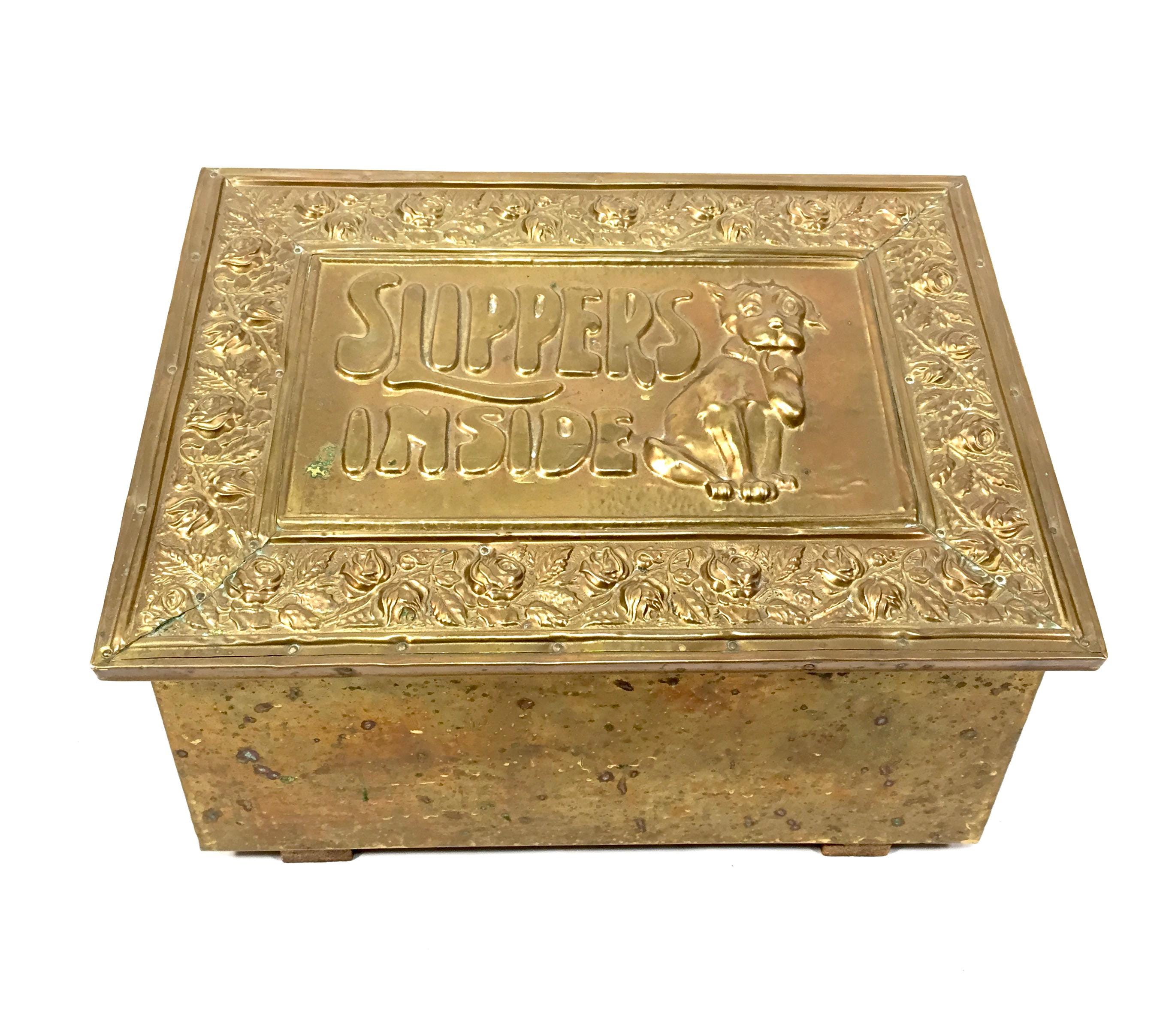 Antique Brass Bonzo Dog Slipper Box Fireside Storage Container