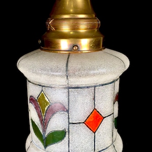Antieke art-deco glazen hal lantaarn plafondlamp / gebrandschilderd glas c1920