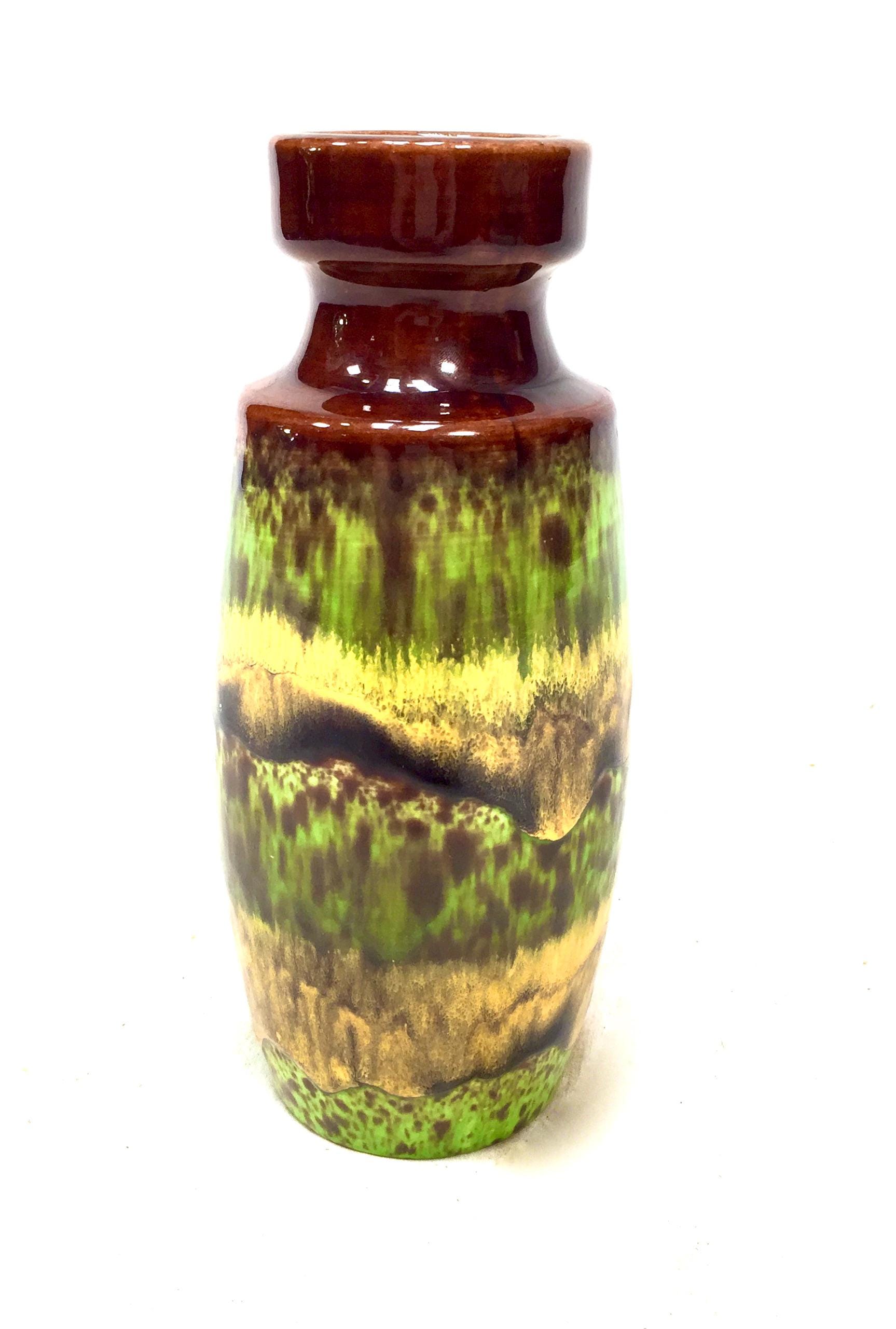 Vintage 1970s West German Pottery Vase / Green Yellow Brown