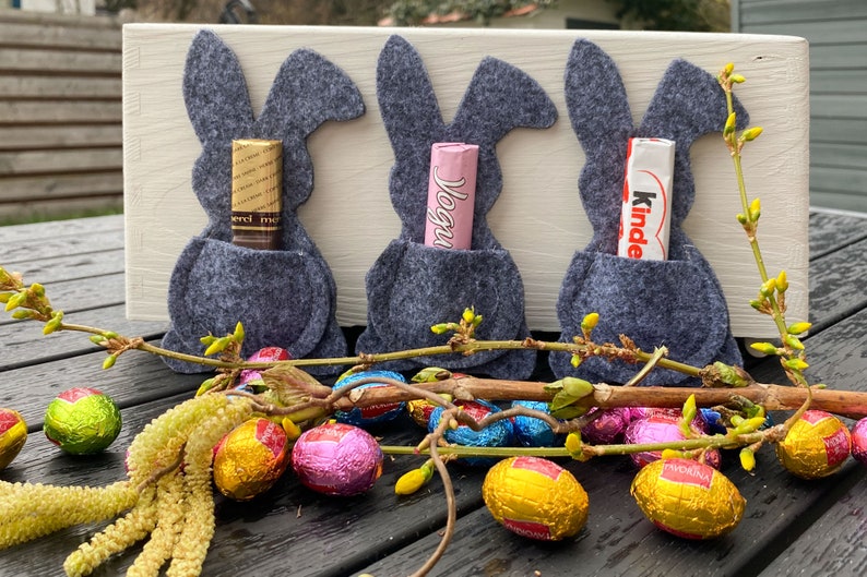 5er Set Mini Filz Hase Osterhase grau Osterdeko Tischdeko Geschenk Frohe Ostern Bild 3