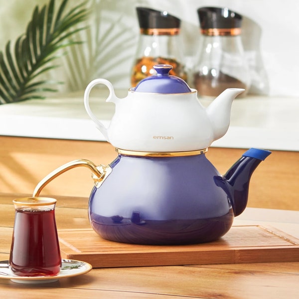 Emsan Turkish Porcelain and Enamel Teapot Set, Handmade Porcelain Teapot and Delicious Tea Infuser Set Consisting of Enamel Water Tank.