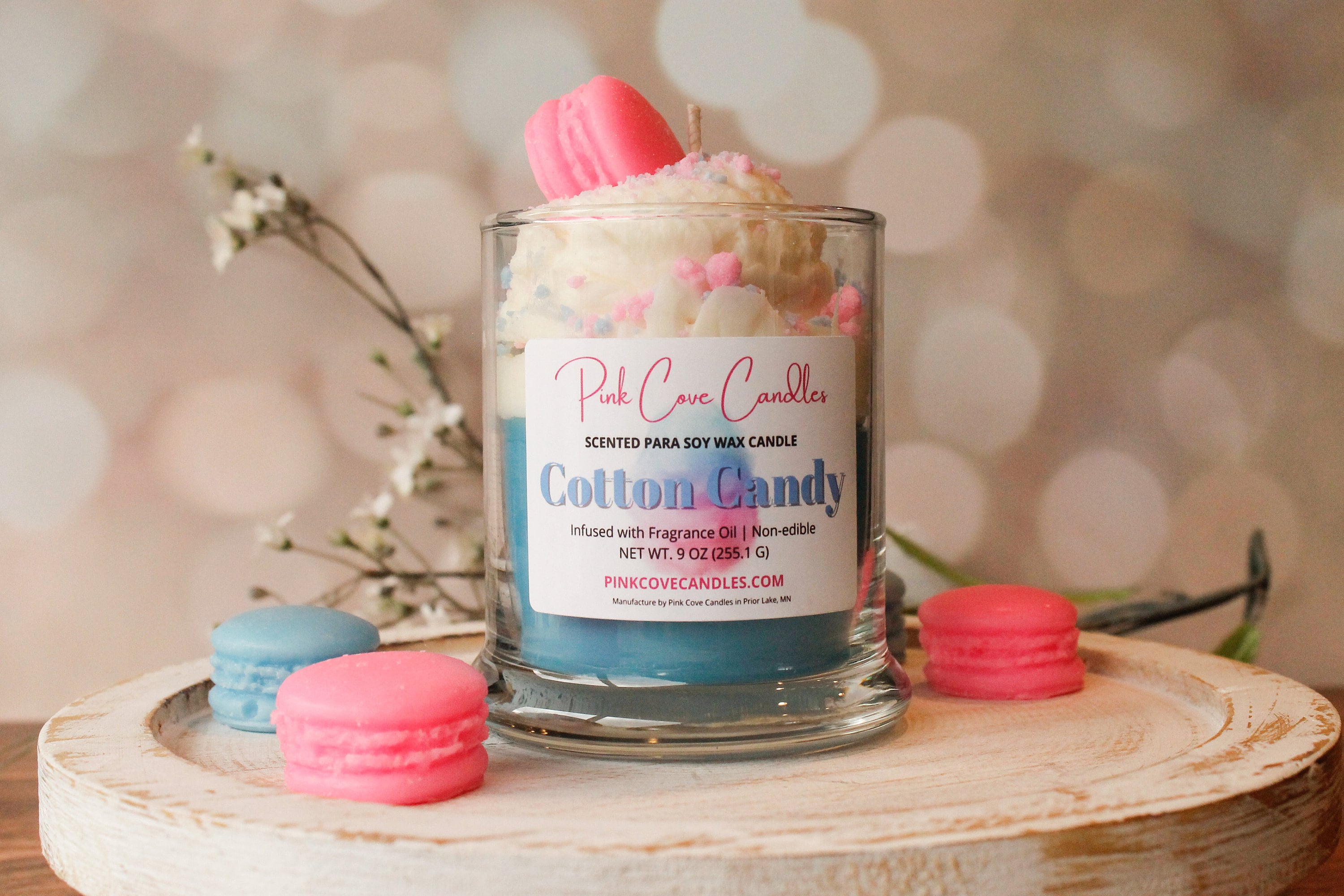 Unique Cotton Candy Ice Cream Candle with Pink or Blue Macaron