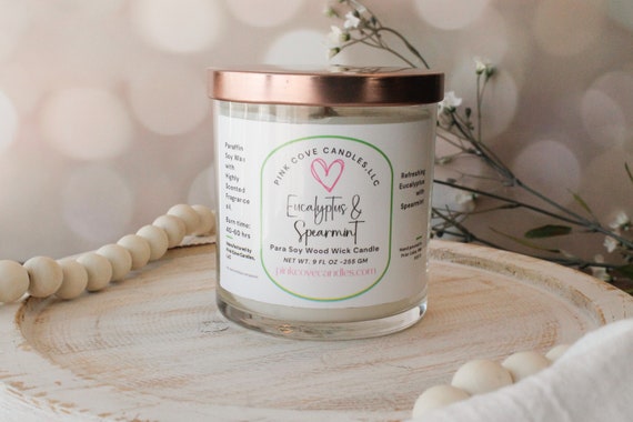 Eucalyptus Spearmint Wood Wick Candle, 9 oz. Crackling Wood Wick Candle, Wood Wick Candle, Eucalyptus Candle, Wood Wick Candle Gifts