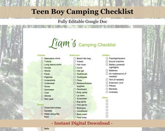 Camping Checklist Editable, Teen Boy Camping List, Camp Checklist Template, Tent Camp, RV Packing, Kid Camp Packing List, Printable Digital