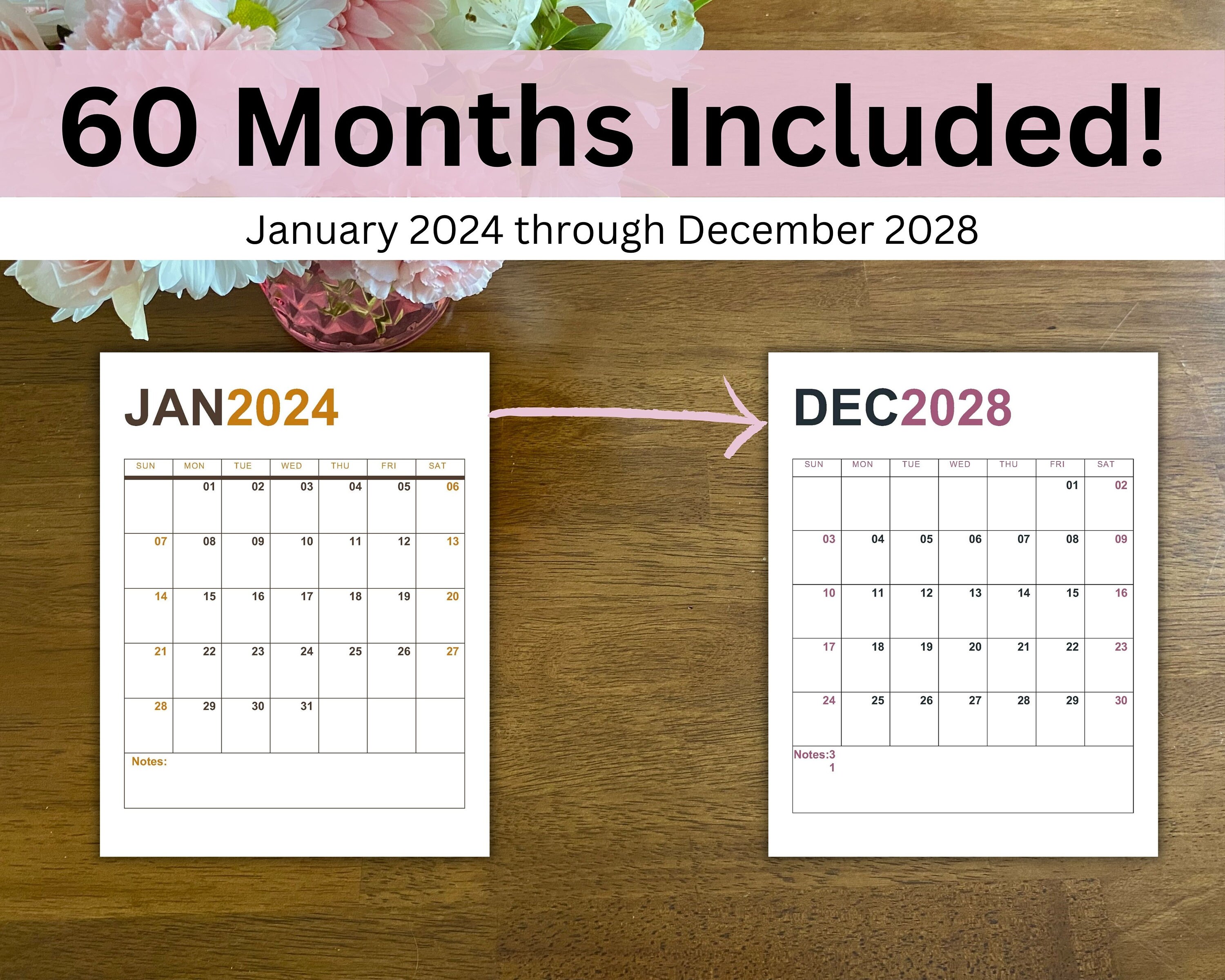 Printable Calendar 5 Years, 2025 2028 Calendar, 60 Month Calendar