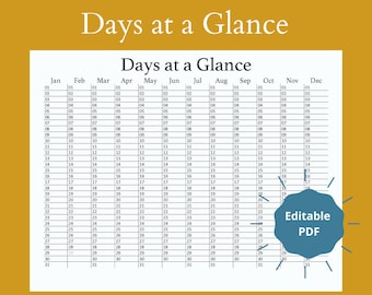 Printable Days at a Glance, 365 Day Calendar, Year at a Glance, Birthday Tracker, Anniversary Tracker, Yearly Planning, Digital Calendar