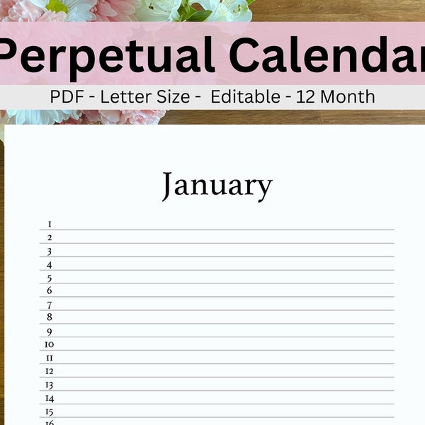 Perpetual Calendar Editable, Monthly 365 Day Printable Calendar, Horizontal Lines, Birthday Anniversary Tracker Calendar, Minimalist, Reuse