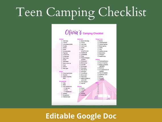editable kids camping checklist teen girl camping list camp etsy