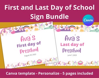 Printable First Day of School Sign, Princess and Unicorn Sign, Last Day of School Sign Bundle, School Memory Binder, Canva Template