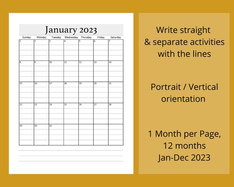 2023 Lined Calendar Printable 2023 Calendar Jan dec 2023 Etsy Singapore