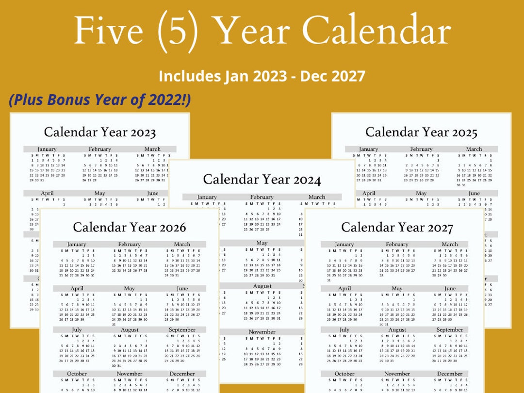 Printable 2023 2027 5 Year Calendar, 2023 Printable Calendar, 2024 Printable Calendar, Calendar Printable, Five Year Planner - Etsy