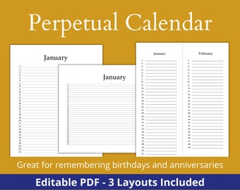 Perpetual Lined Calendar Printable, 365 Day, Birthday and Anniversary Tracker, Minimalist, Blank, Full letter size and half page