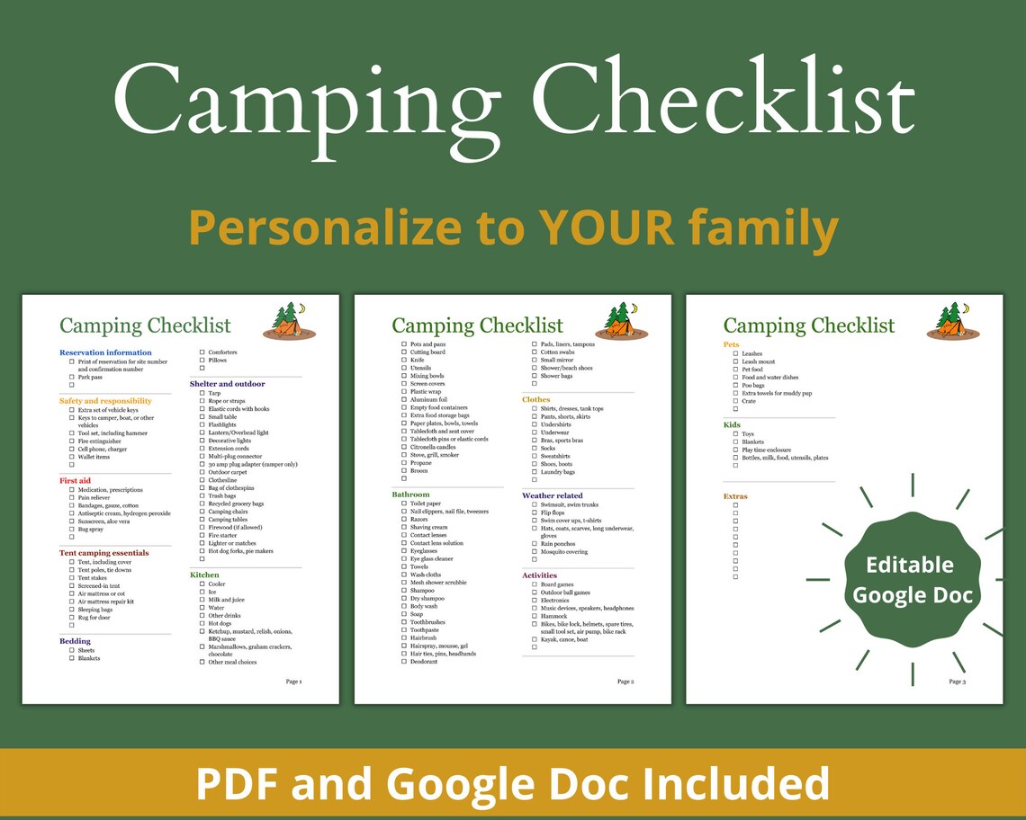 Camp Checklist Editable, RV Checklist Before Leaving, Packing List