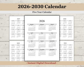 2026-2030 Printable Calendar, Five Year Planner (Digital Download)