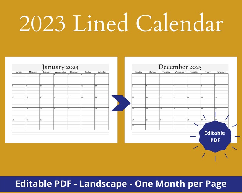 2023 Lined Calendar Printable 2023 Calendar Jan dec 2023 Etsy