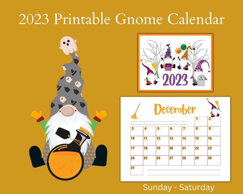 Gnome 2023 Calendar Printable Halloween Theme Creepy 2023 Etsy