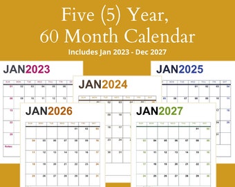 Printable Calendar 5 Years 2023 2027 Calendar 60 Month - Etsy