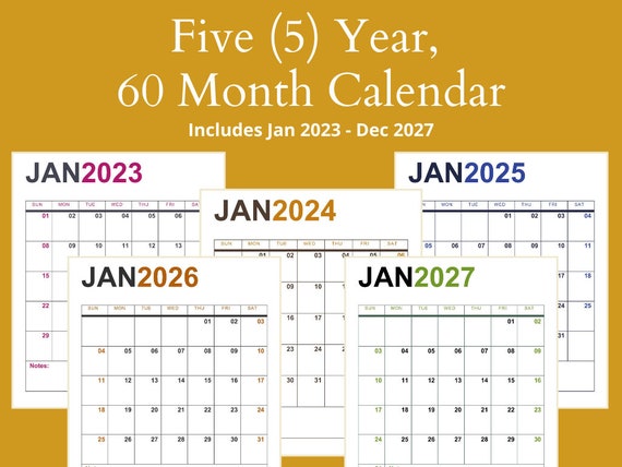 Printable Calendar 5 Years 2023 2027 Calendar 60 Month - Etsy