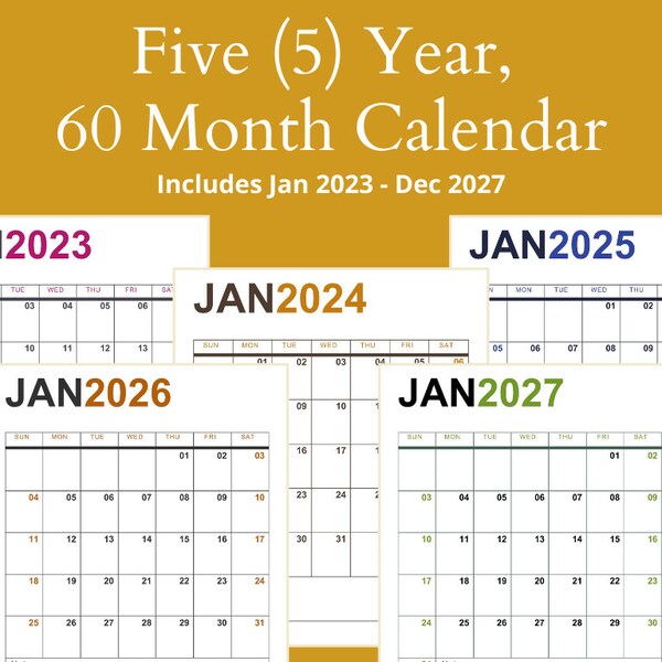 Printable Calendar 5 Years, 2023 2027 calendar, 60 Month Calendar, Digital Planner, 2023 2027 five year monthly planner calendar