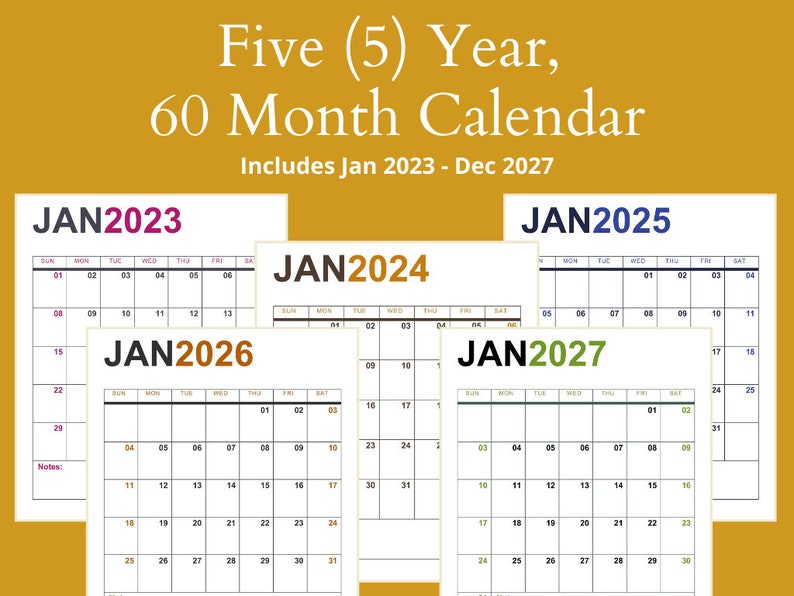 Printable Calendar 5 Years 2023 2027 Calendar 60 Month Etsy Australia
