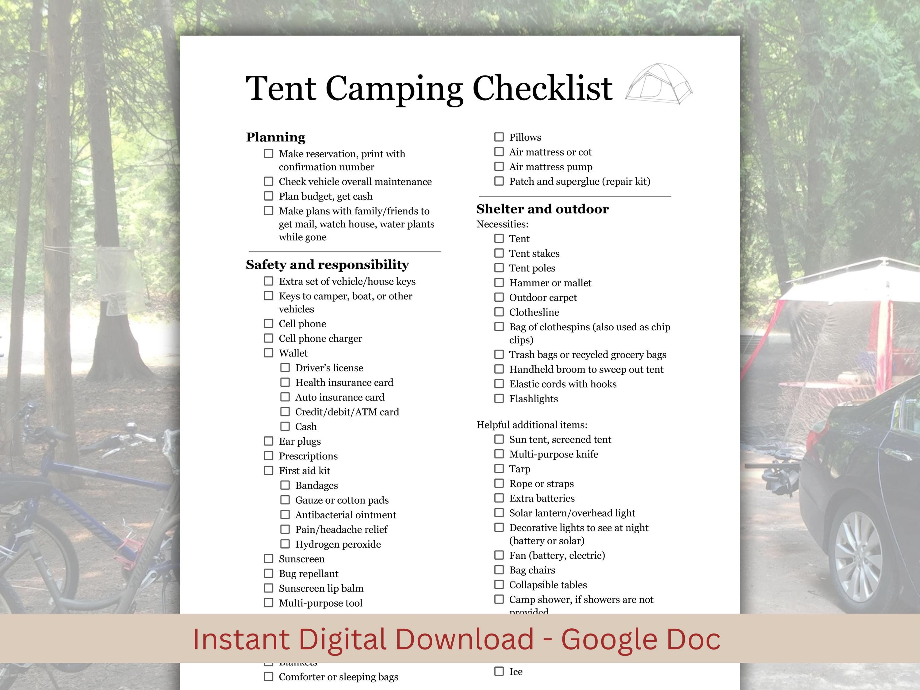 Camping Checklist Editable – Tent Camping Packing List for Families, Beginners, Scouts, and Group Trips | Use in Google Docs on Any Device