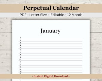 Minimalist Perpetual Calendar Printable, Lined Monthly Tracker (Editable PDF)