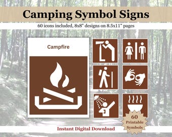 Camping Signs National Park, Vintage Pixel Style, Campground Signs, Camping Icons, Camping Party Printable Decoration, Digital Download