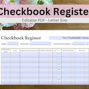 Checkbook Register PDF Printable, Digital Checkbook Register, Printable Check Register Book, Digital Check Register, Bank Account Entry
