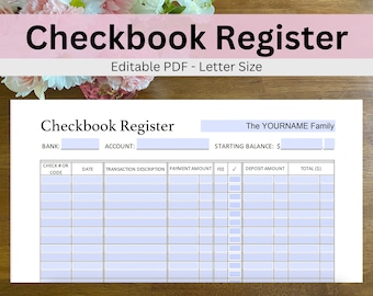 Checkbook Register PDF Printable, Digital Checkbook Register, Printable Check Register Book, Digital Check Register, Bank Account Entry