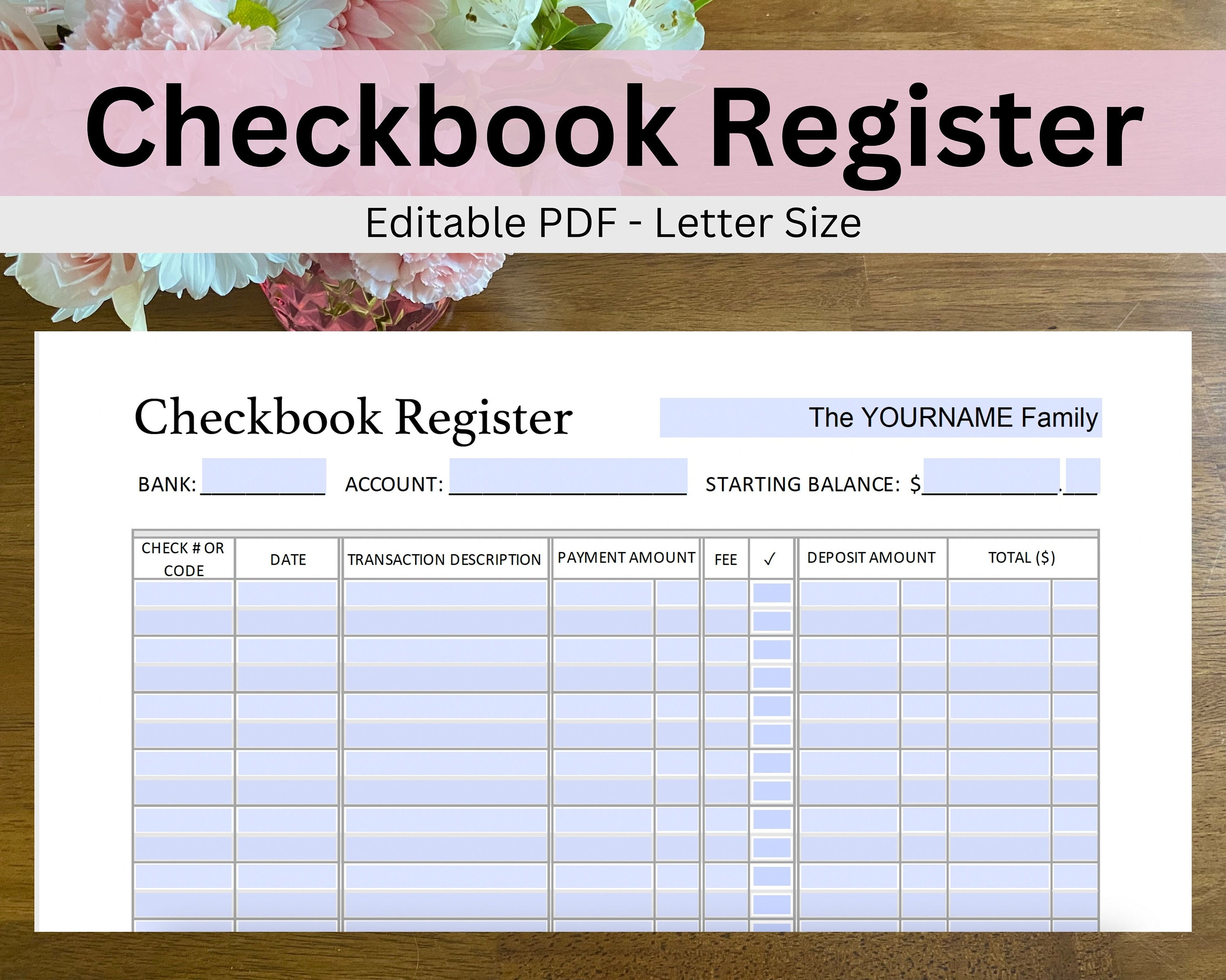 Checkbook Register PDF Printable, Digital Checkbook Register, Printable ...