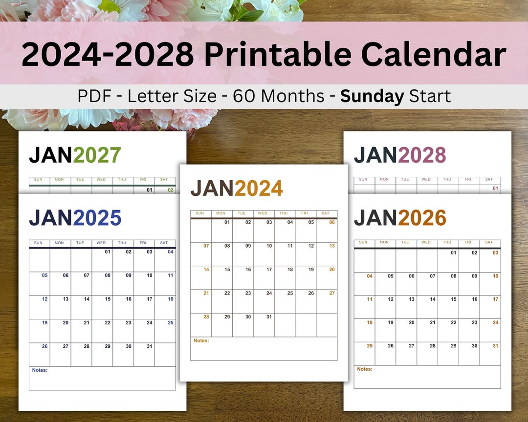 Printable Calendar 5 Years, 2025 2028 Calendar, 60 Month Calendar