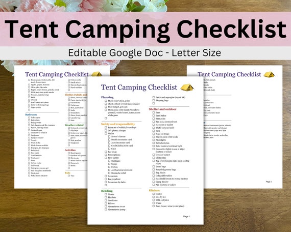 Tent Camping Checklist Editable, Printable Packing List, Family