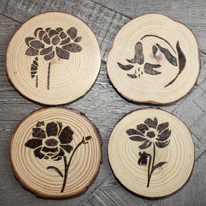 Live Edge Wood Coasters - Hand Burned Wildflowers