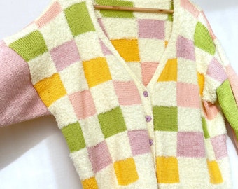 Colorful Cardigan Cardigan with Squares Checks Oversized Checkerboard Pattern