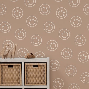 Neutral Aesthetic Smiley Face Nursery Wallpaper, Nursery Wallpaper Neutral, Minimal Boho Nursery, Removable Wallpaper Neutral