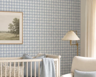Blue Gingham Nursery Wallpaper, Peel and Stick Wallpaper, Baby Boy Nursery Decor, Checkered Wallpaper, Cottage Nursery Wall Decor