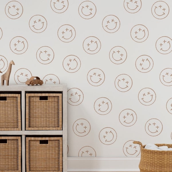 Smiley Face Peel and Stick Wallpaper, Nursery Neutral Decor, Minimal Boho Nursery, Removable Wallpaper Neutral Aesthetic