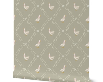 Goose Wallpaper Peel and Stick, Sage Green Storybook Nursery Wallpaper, Cottage Animal Baby Girl Room Decor