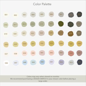 May include: Color palette chart with 54 different color swatches. Each swatch is labeled with a number from 001 to 054. The colors range from light beige to dark brown.