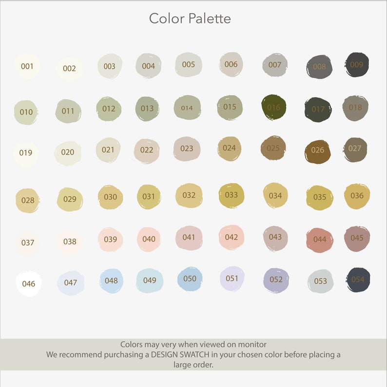 May include: Color palette chart with 54 different color swatches. Each swatch is labeled with a number from 001 to 054. The colors range from light beige to dark brown.