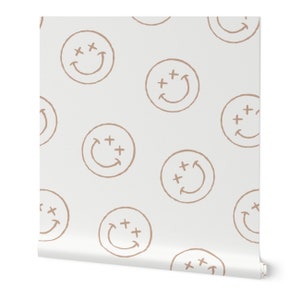 May include: A seamless pattern featuring a light brown smiley face with two plus signs and an arrow on a white background.