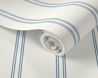 Blue Stripe Wallpaper, Blue Ticking Stripe Peel and Stick Wallpaper, Coastal Nursery Wallpaper, French Country Wall Decor