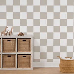 Neutral Gingham Peel and Stick Wallpaper | Farmhouse Accent Wall Decor | Beige Plaid Removable Mural for Nursery or Kitchen