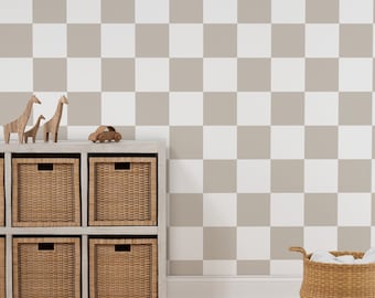Neutral Gingham Peel and Stick Wallpaper | Farmhouse Accent Wall Decor | Beige Plaid Removable Mural for Nursery or Kitchen